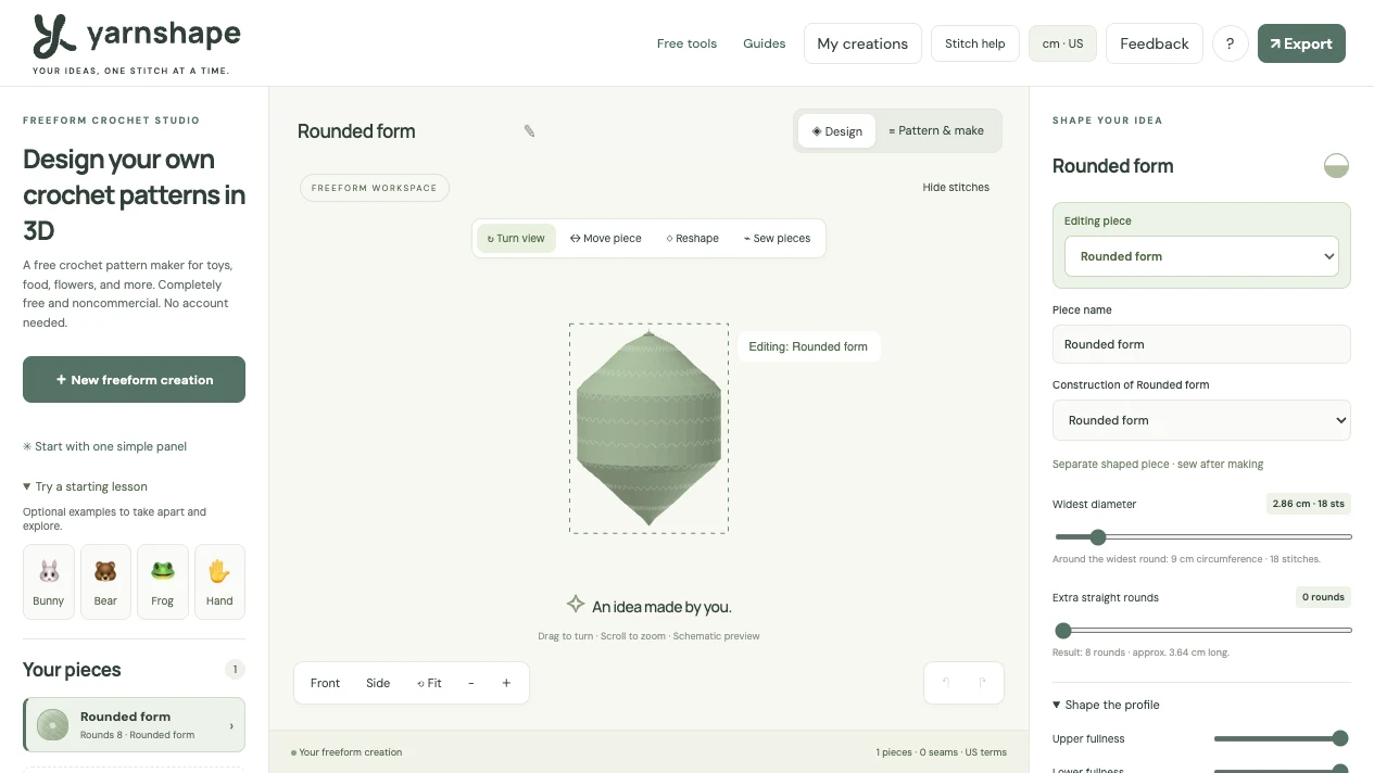 Yarnshape studio showing a rounded-form component, shape settings, and the 3D workspace
